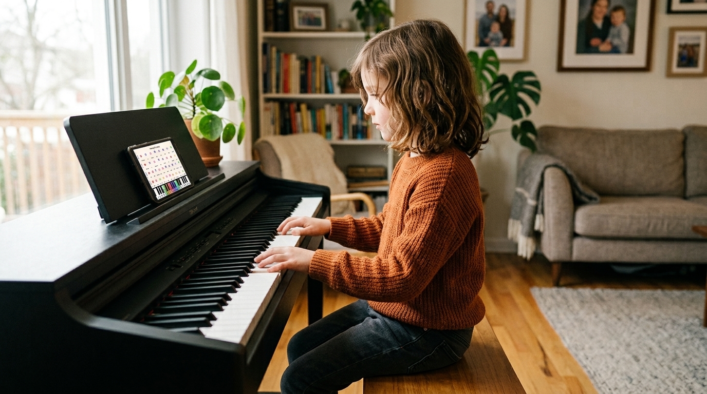 A child practising a ScaleCraft lesson on a digital piano at home